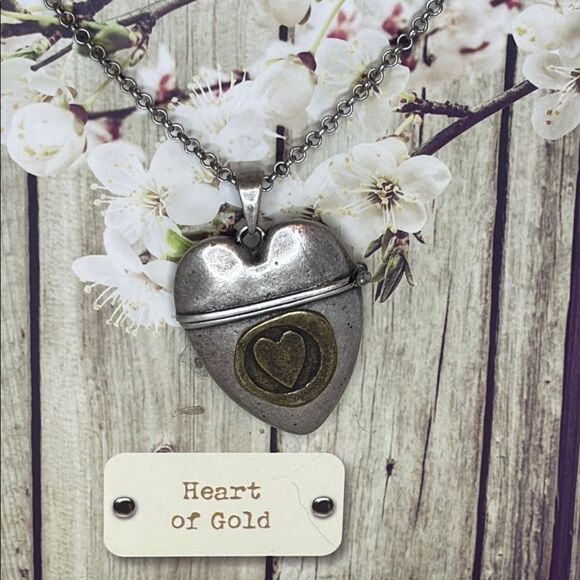 Demdaco Silver and Gold Tone Brass Heart Locket Necklace with Box - Picture 1 of 5